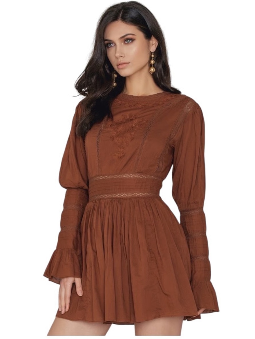 Free People Bronze Victorian Wasted Embroidered Lace Mini Boho Long Sleeve Dress
